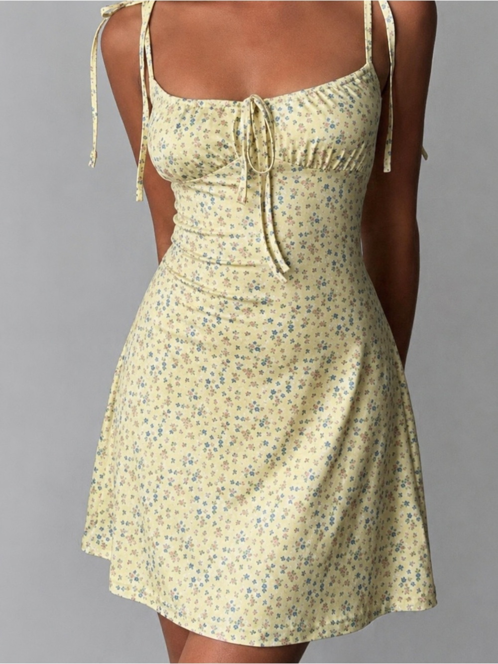 Small Rouched Summer Tie Front Adjustable Length Floral Yellow Dress 👗 🌼